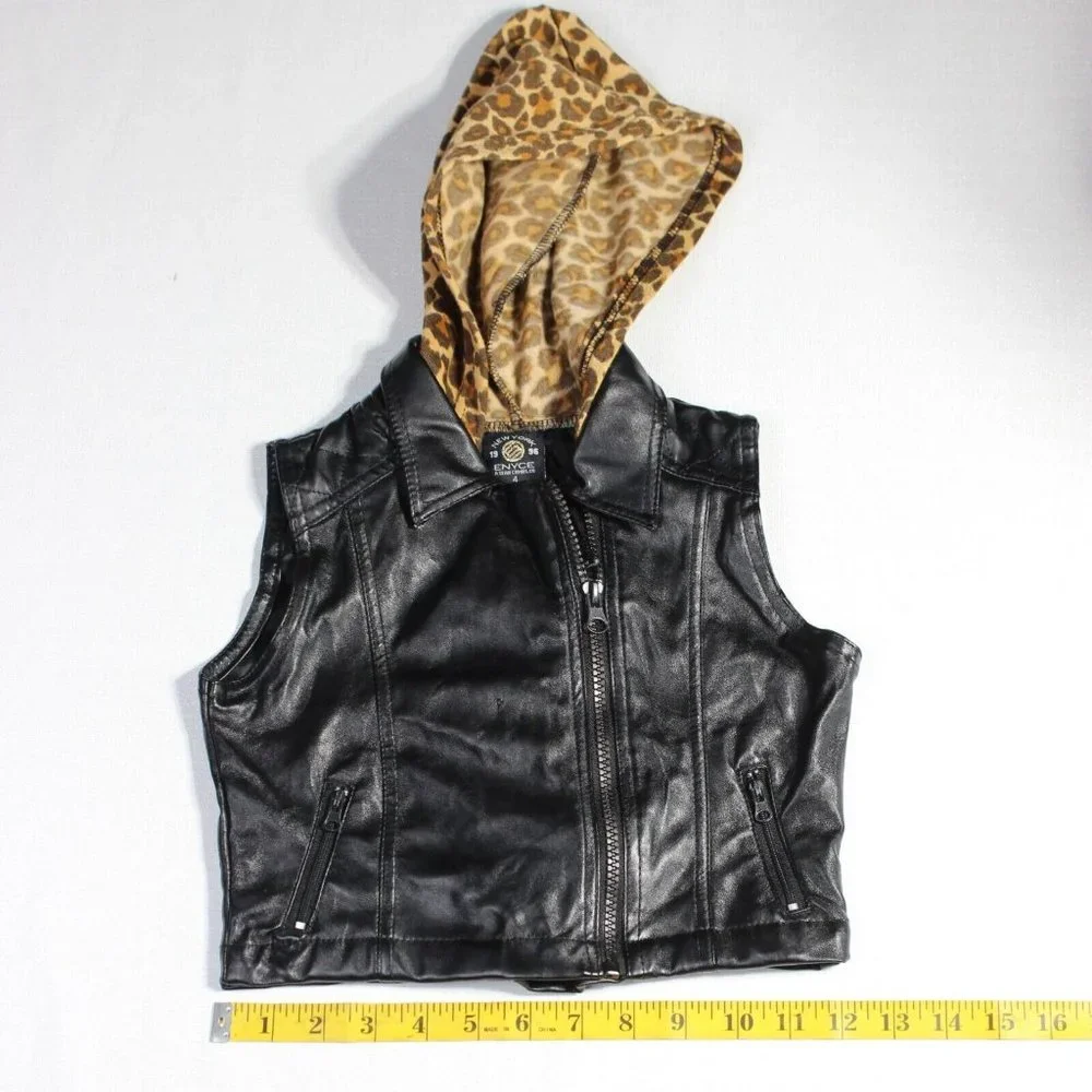 Enyce Black Faux Leather Sleeveless Zipper Pockets Hooded Full Zip Jacket Sz 4‎